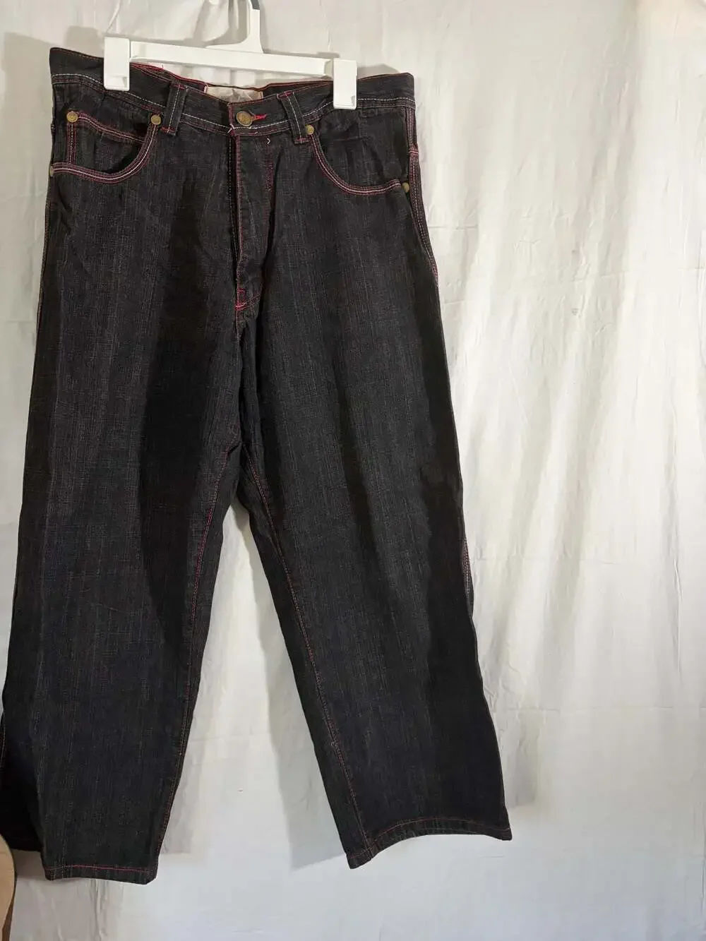 Vintage Men's Black Denim Wide-Leg Embroidered Jeans Size 36x34